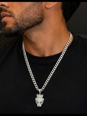 Stainless Steel-Look Cuban Link Necklace with Lion Head Pendant